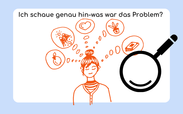 Um zukünftig nicht dieselben Fehler zu machen ist eine Bastandsaufnahme hilfreich. Was war das oder die Probleme? Im Bild sieht man eine Grafik die eine Frau zeigt die viele Gedanken hat. Die Lupe symbolisiert dass man genau hinschauen sollte. Eine Analyse hilft um die Gedanken zu ordnen.